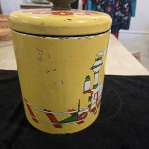 Vintage Yellow Train Cookie Tin with Wood Knob
